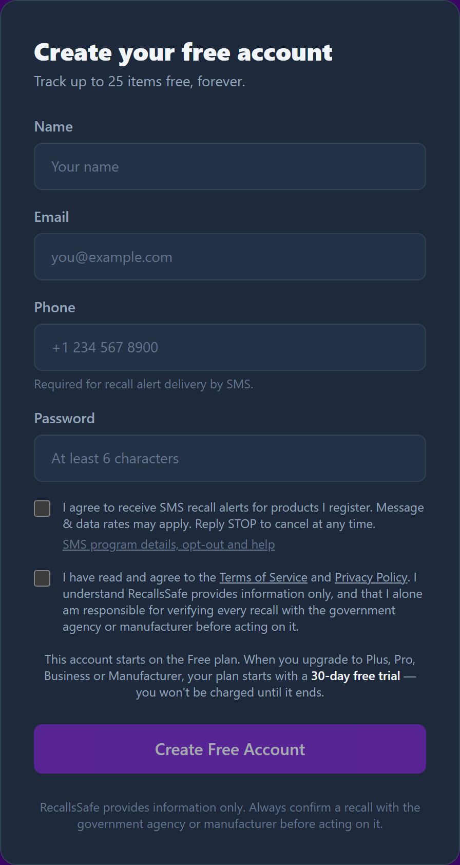 The RecallsSafe website sign-up form, showing the unchecked SMS consent checkbox above the Create Free Account button, with the wording: I agree to receive SMS recall alerts for products I register. Message and data rates may apply. Reply STOP to cancel at any time.
